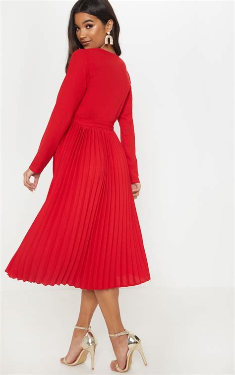 Red Long Sleeve Pleated Midi Dress Dresses Prettylittlething Usa