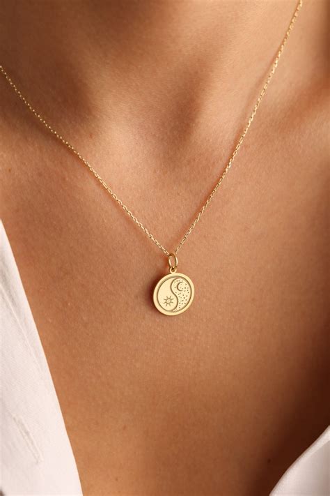 K Solid Gold Moon And Sun Necklace Personalized Moon Sun Etsy