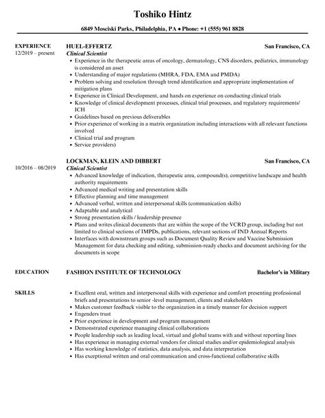 Clinical Scientist Resume Samples | Velvet Jobs