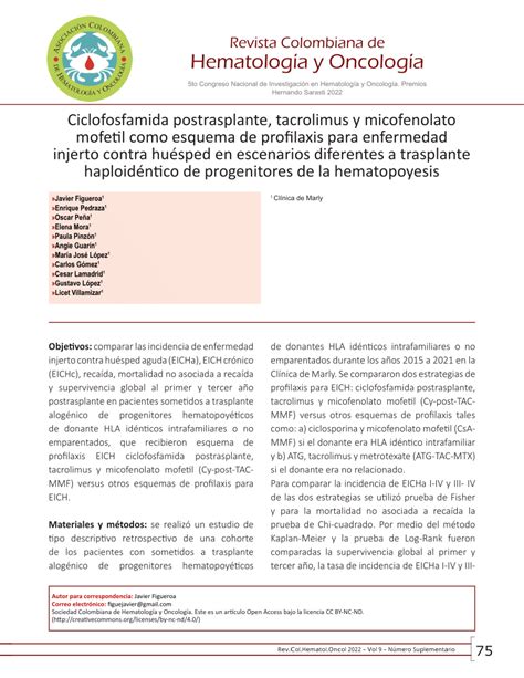 Pdf Ciclofosfamida Postrasplante Tacrolimus Y Micofenolato Mofetil Como Esquema De Profilaxis