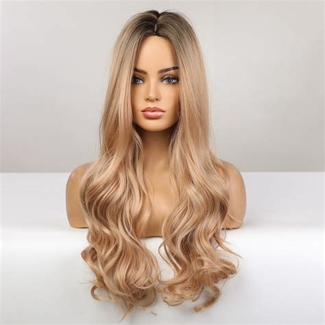 Long Honey Blonde Synthetic Wig Dark Roots Curly Heat Etsy Uk