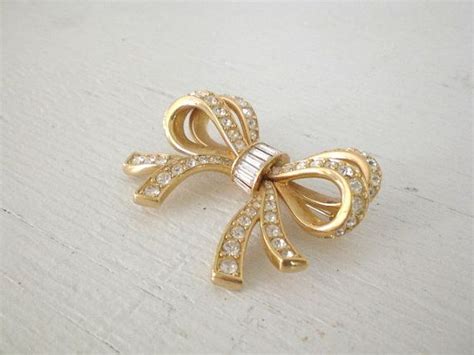 Signed Rhinestone Gold Tone Bow Brooch D S C © Excellent Etsy