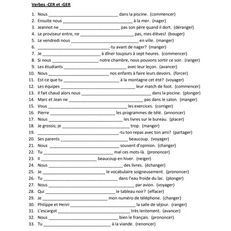 Verbes CER GER en français Feuille de travail 1