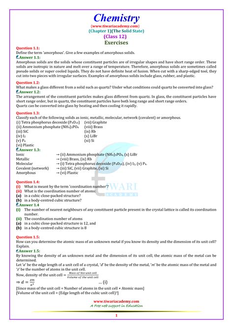 Ncert Solutions For Class 12 Chemistry Chapter 1 Solid State In Pdf