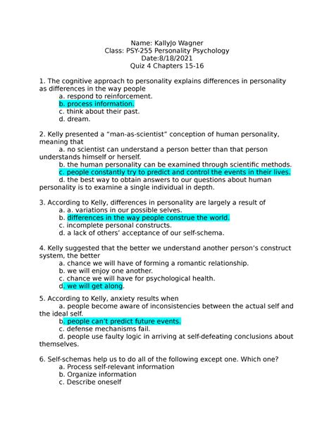 Psy 255 Personalilty Psychology Quiz 4 Name Kallyjo Wagner Class