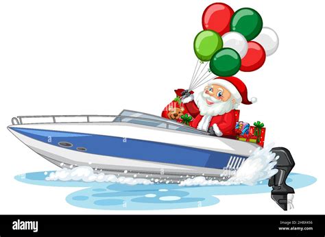 Christmas Santa On Speed Boat With His Gifts Illustration Stock Vector