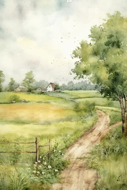 Premium Photo Painting Of A Dirt Road Leading To A Farm With A Tree