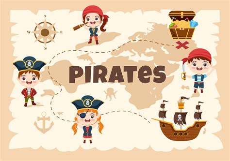 Pirate Cartoon Character Illustration with Treasure Map, Wooden Wheel, Chests, Parrot, Pirate ...