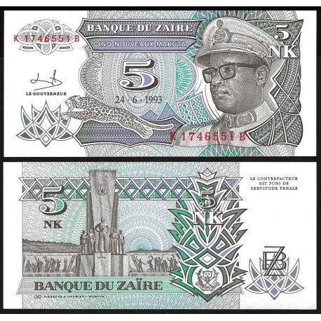 ZAIRE 5 NUEVOS MAKUTAS 1993 DICTADOR MOBUTU Pick 48 BILLETE SC 5