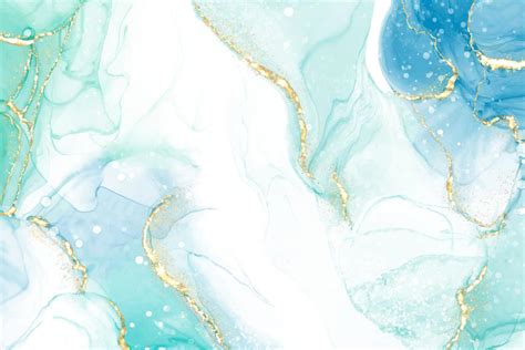 Pastel Cyan Mint Liquid Marble Watercolor Background With Gold Lines