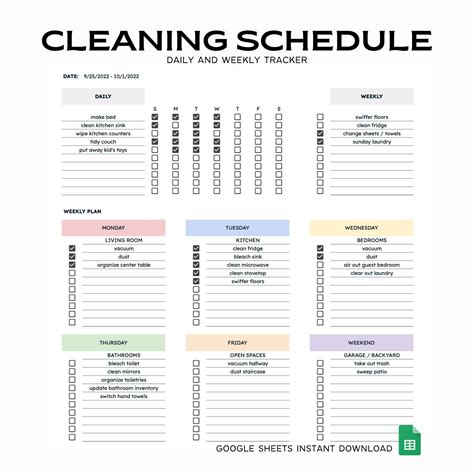 Printable Google Sheets Cleaning Schedule Planner Spreadsheet Template