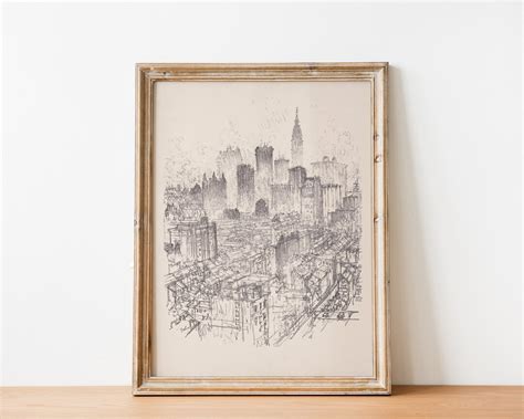 Vintage Black and White New York City Sketch Skyline Drawing, New York ...