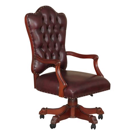 Vonda Mahogany Wood Leather Tufted Rolling Executive Office Chair