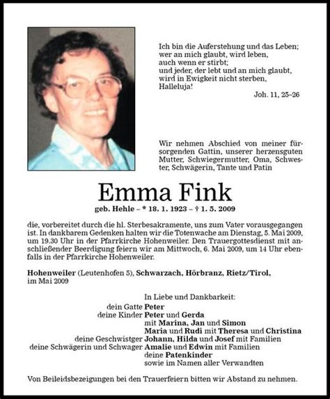 Todesanzeigen Von Emma Fink Todesanzeigen Vorarlberger Nachrichten