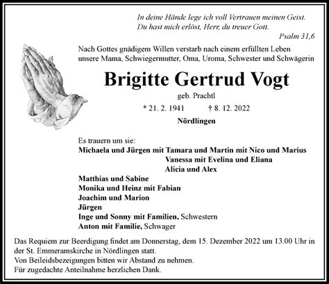 Traueranzeigen Von Brigitte Gertrud Vogt Augsburger Allgemeine Zeitung