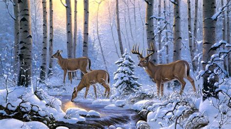 Whitetail deer in snow - Painting art - backiee