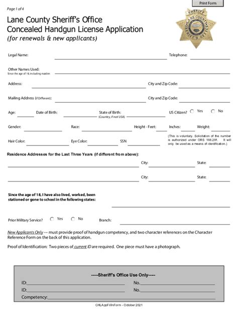 Form Or Concealed Handgun License Application Lane County