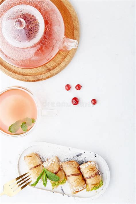 Traditional Turkish Dessert Baklava And Natural Healthy Cranberry Tea