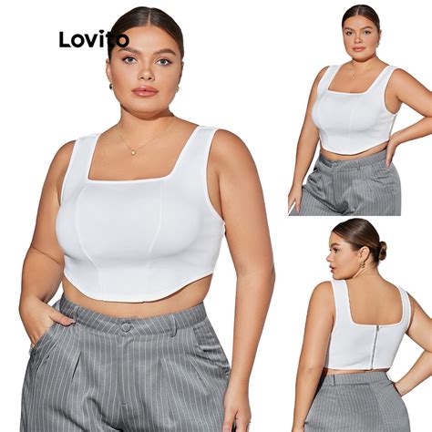 Lovito Plus Size Curve Casual Plain Crop Hanky Hem Square Neck Women Tank Top Lps05013 White