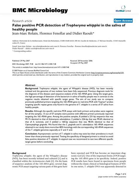 Pdf False Positive Pcr Detection Of Tropheryma Whipplei In The Saliva