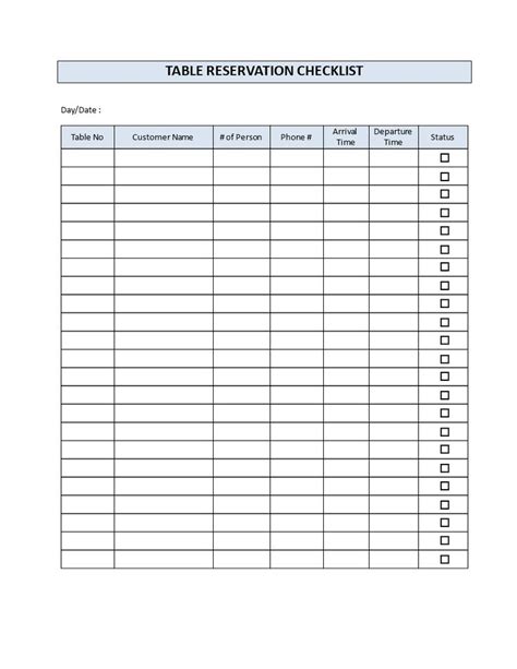 Restaurant Table Reservation Checklist Restaurant Table Reservation