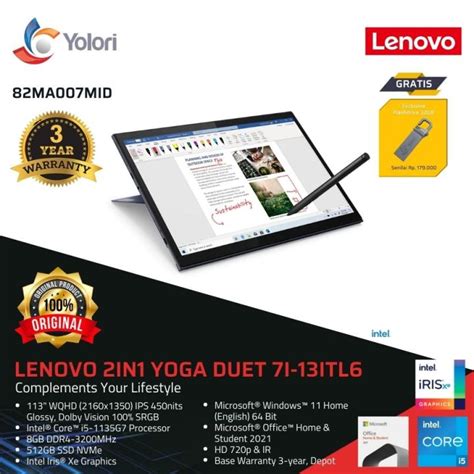 Lenovo 2in1 Yoga Duet 7i 13itl6 I5 1135g7 8gb 512gb Intel Iris Xe Windows 11 Ohs 2021 Touch