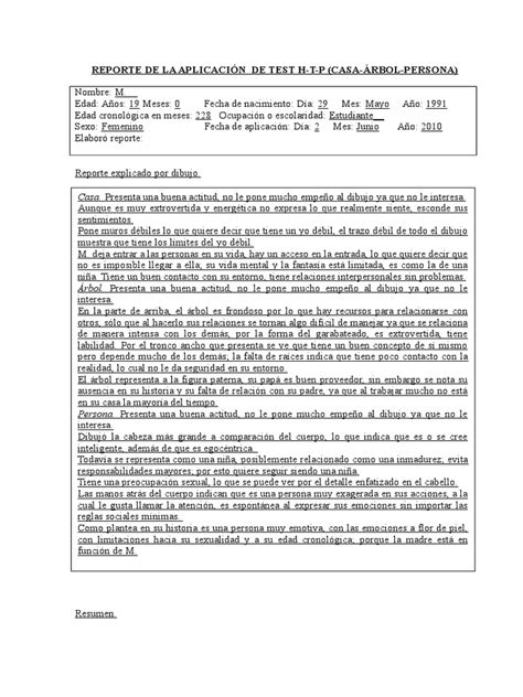 Reporte De La Aplicación De Test H T P Casa Árbol Persona Dibujo Sicología Y Ciencia