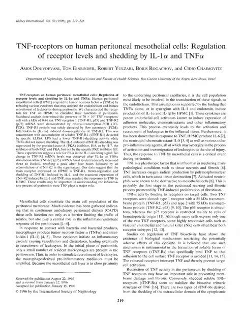 Pdf Tnf Receptors On Human Peritoneal Mesothelial Cells Regulation