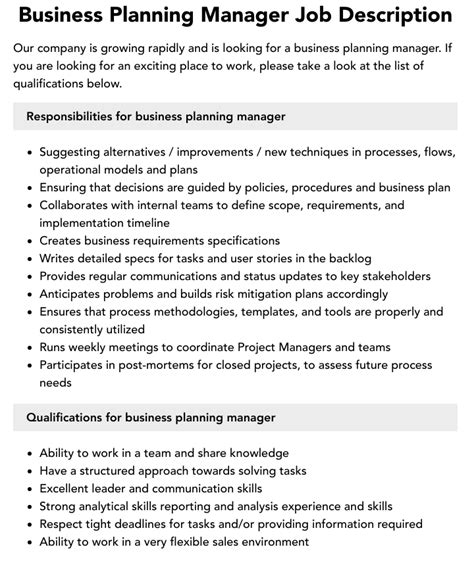 Business Planning Manager Job Description Velvet Jobs