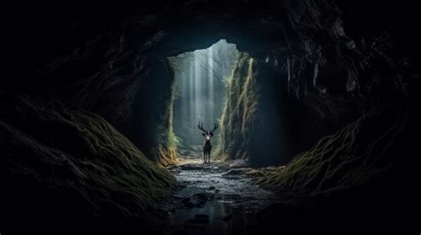 Premium AI Image | Realistic Photo Of Deer In Dark Cave