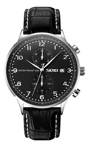 Reloj Hombre Skmei 9301 Acero Cuero Ecologico Cronografo Malla Negro