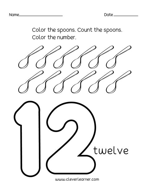 Number twelve writing, counting and identification printable worksheets for children