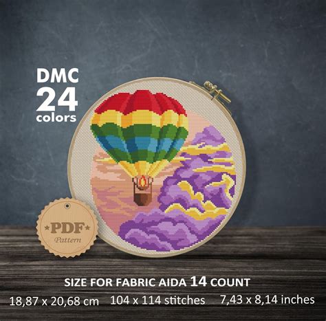 Hot Air Balloon Cross Stitch Pattern Modern Sky Clouds PDF Pattern