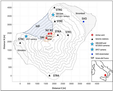 The Stromboli volcano map with the location of the geophysical... | Download Scientific Diagram