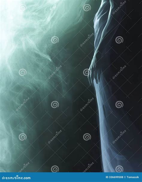 Ethereal Female Ghostly Figure in Flowing Gown Enveloped in Mist at