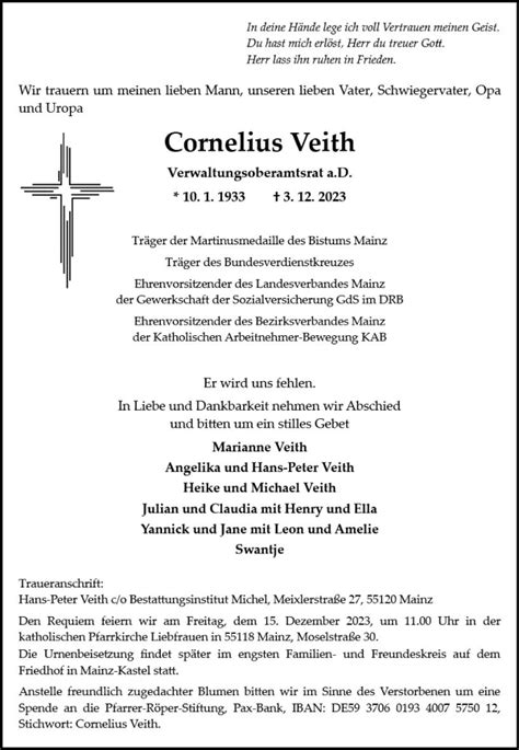 Traueranzeigen Von Cornelius Veith Vrm Trauer De