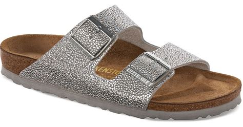 Birkenstock Flatbed Sandals - Pebbled Arizona in Silver (Metallic ...