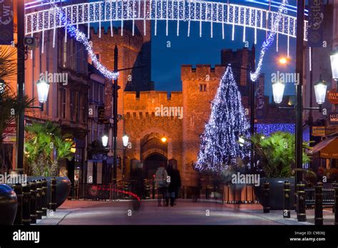 Cardiff Castle Gatehouse With Christmas Tree And Lights At Night City