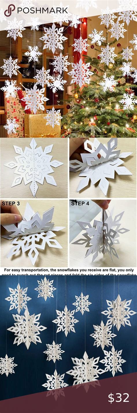 12PCS Snowflakes Garland & 12PCS 3D Glittery Large White Snowflake for ...