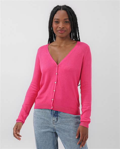 Riachuelo Cardigan feminino tricot decote V botão rosa Pool