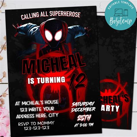 Editable Miles Morales Into The Spiderverse Birthday Invitation