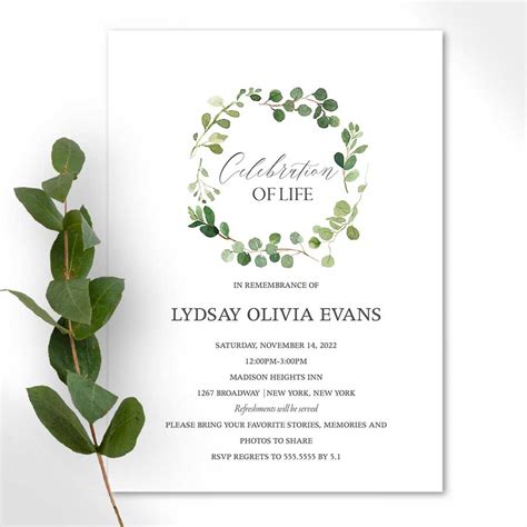 Greenery Celebration of Life Invitations for a Memorial Printed