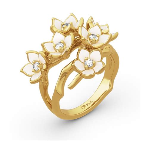 Jeulia Flower Design Round Cut Sterling Silver Ring Gold Bangles