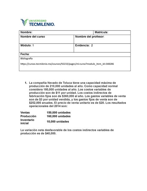 Contabilidad Administrativa Evidencia 2 Nombre Matrícula Nombre del