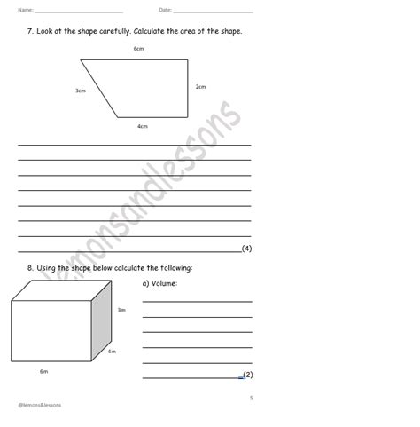 Grade 7 Mathematics Test Area Perimeter Surface Area And Volume