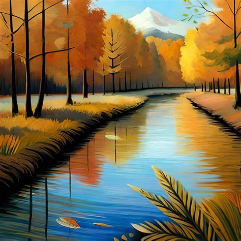 Premium Photo | Beautiful autumn landscape with river and forest digital art painting