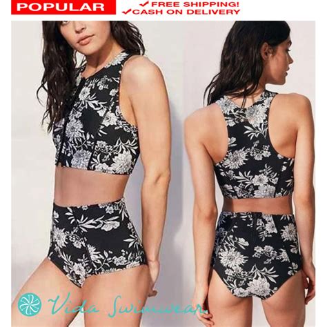 Vida Floral High Waist Two Piece Zip Up Bikini Swimwear Shopee