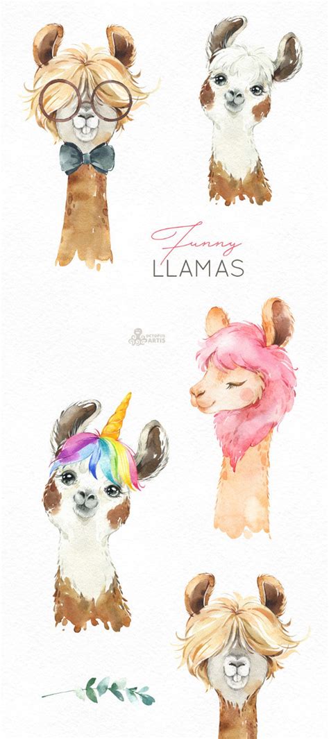 Lustige Lamas Aquarell Tiere Clipart Alpaka Portrait Brille Kind