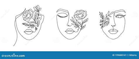 Women`s Faces In One Line Art Style With Flowers And Leaves Continuous