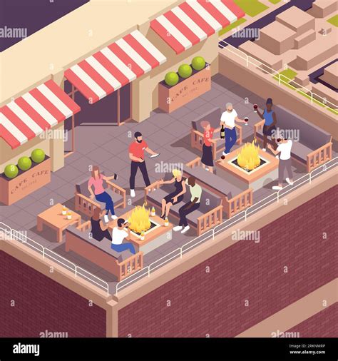 Street Cafe Isometric Concept With Restaurant On Roof Top Terrace